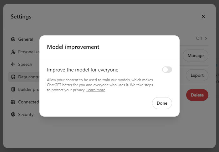 In ChatGPT this can be found under Settings -> Data Controls -> Improve the model for everyone, set to Off.