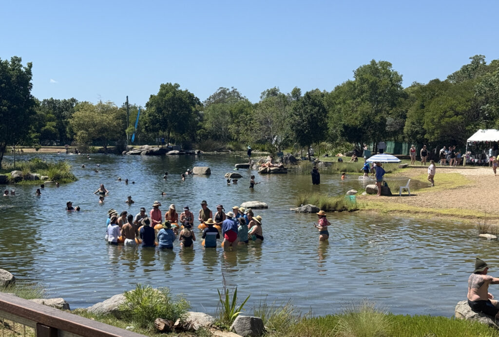 a drumming class in the lake